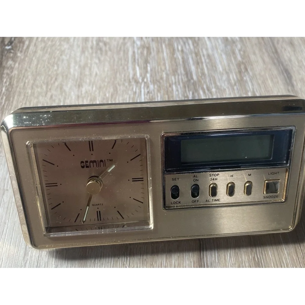 Vintage Traveling Mini Desk Travel Alarm LCD Quartz Clock Gemini - Untested